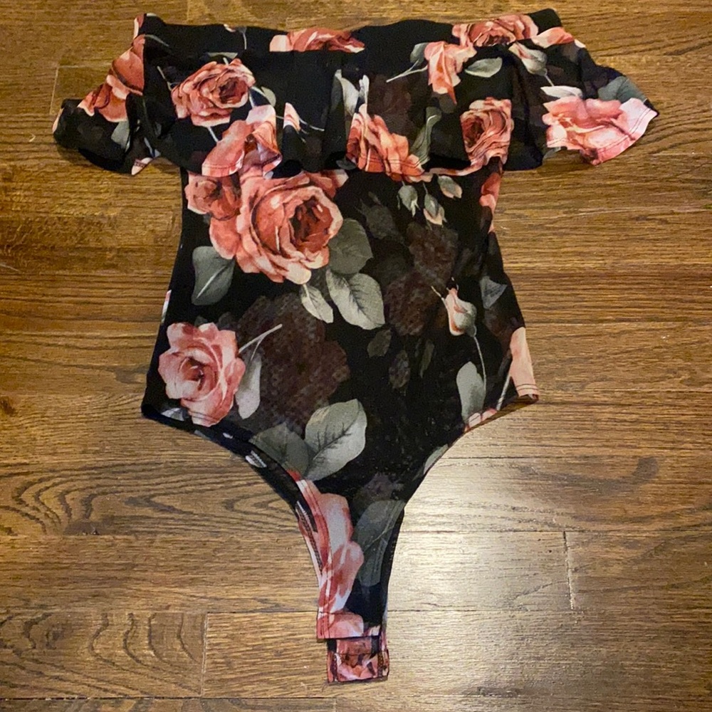 Sheer rose floral off the shoulder bodysuit
